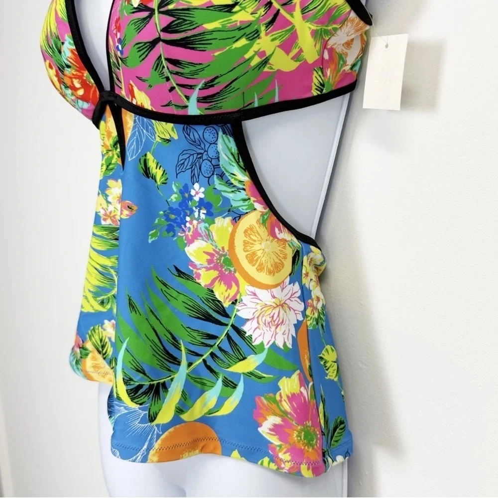 Bar iii Tankini Top Womens Small Multi Blue Citrus Floral Summer Spritz Swim NWT